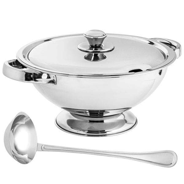 Soup Tureen - 24.5cm 2.5L Stainless Steel Soup Tureen with Lid and Serving Ladle