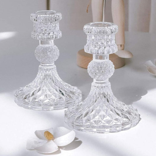 2 Pack Clear Decorative Glass Candlestick Holders