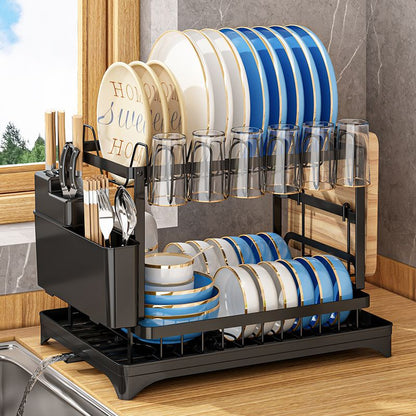 Kitchen Dish Rack - 2 Tiers Expandable Drying Drainer with Cutlery and Removable Dividers