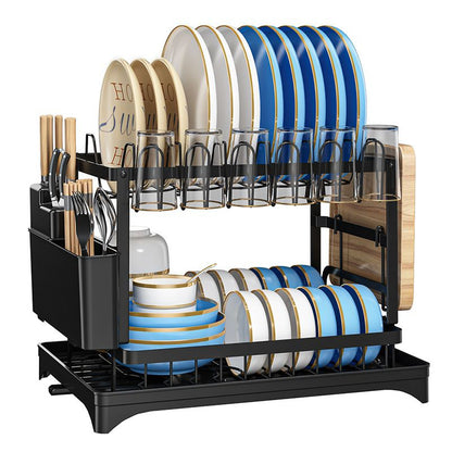 Kitchen Dish Rack - 2 Tiers Expandable Drying Drainer with Cutlery and Removable Dividers