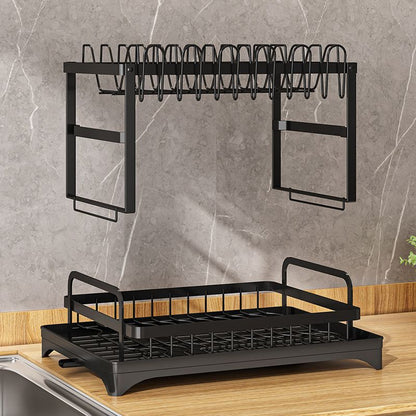 Kitchen Dish Rack - 2 Tiers Expandable Drying Drainer with Cutlery and Removable Dividers