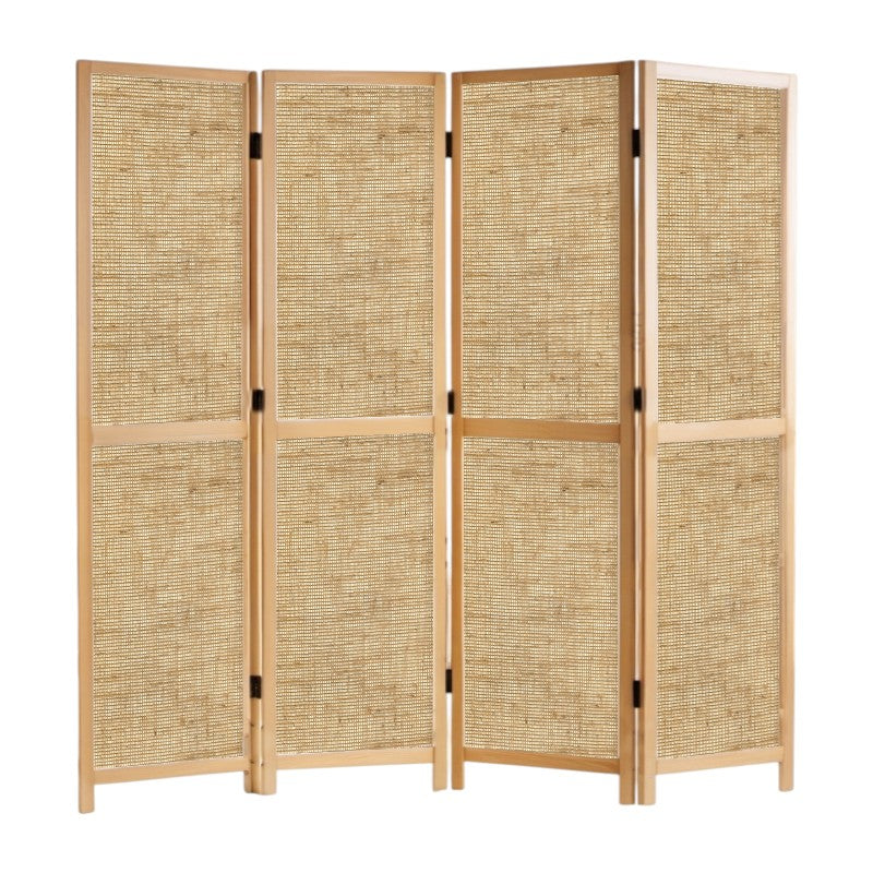 Partition Room Divider - 4 Panel Single-Sided Hessian Folding Screen Room Divider with Solid Wooden Frames