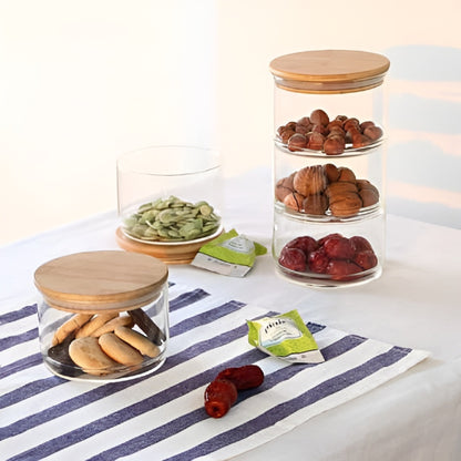 Glass Canister Set - 3 Tier Kitchen Stackable Glass Canister Set with Wooden Lid