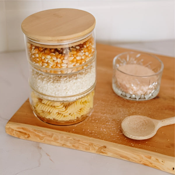 Glass Canister Set - 3 Tier Kitchen Stackable Glass Canister Set with Wooden Lid