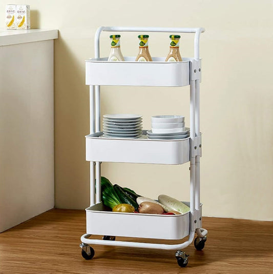 3 Tier Utility Rolling Cart - Storage Organizer Cart Multi-Functional Trolley Cart with 2 Lockable Wheels and Handle