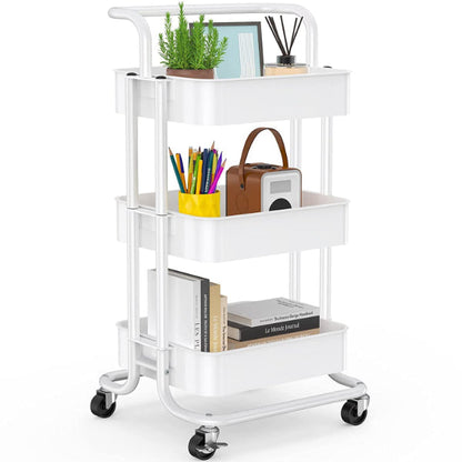 3 Tier Utility Rolling Cart - Storage Organizer Cart Multi-Functional Trolley Cart with 2 Lockable Wheels and Handle