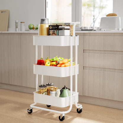 3 Tier Utility Rolling Cart - Storage Organizer Cart Multi-Functional Trolley Cart with 2 Lockable Wheels and Handle