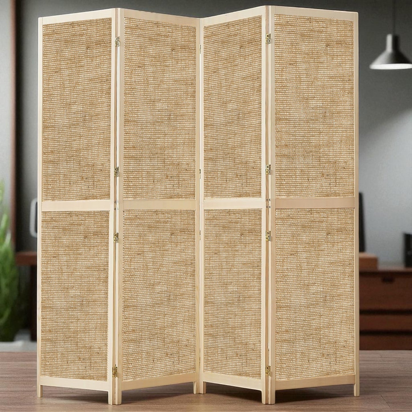 Partition Room Divider - Four-Panel See-through Hessian Folding Screen Room Divider with Solid Wooden Frames