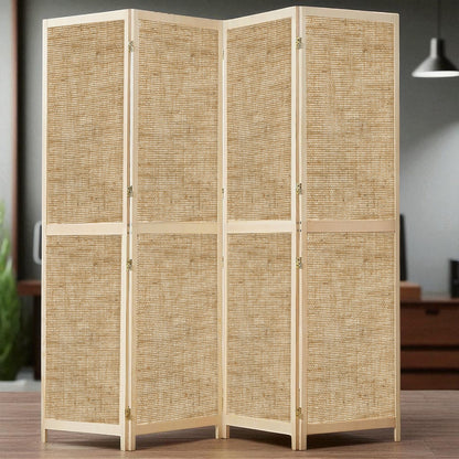 Partition Room Divider - Four-Panel See-through Hessian Folding Screen Room Divider with Solid Wooden Frames