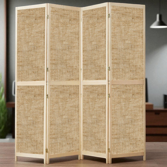 Partition Room Divider - Four-Panel See-through Hessian Folding Screen Room Divider with Solid Wooden Frames