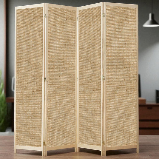 Partition Room Divider - 4 Panel See-through Hessian Folding Screen Room Divider with Solid Wooden Frames