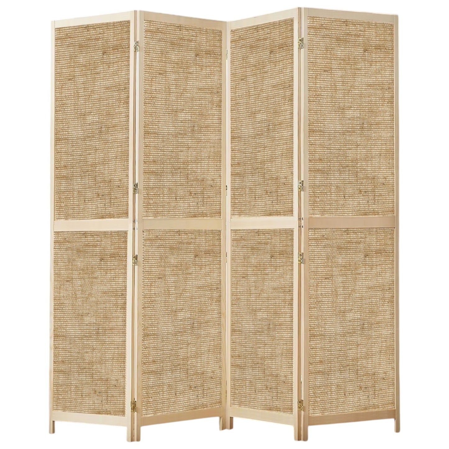 Partition Room Divider - Four-Panel See-through Hessian Folding Screen Room Divider with Solid Wooden Frames
