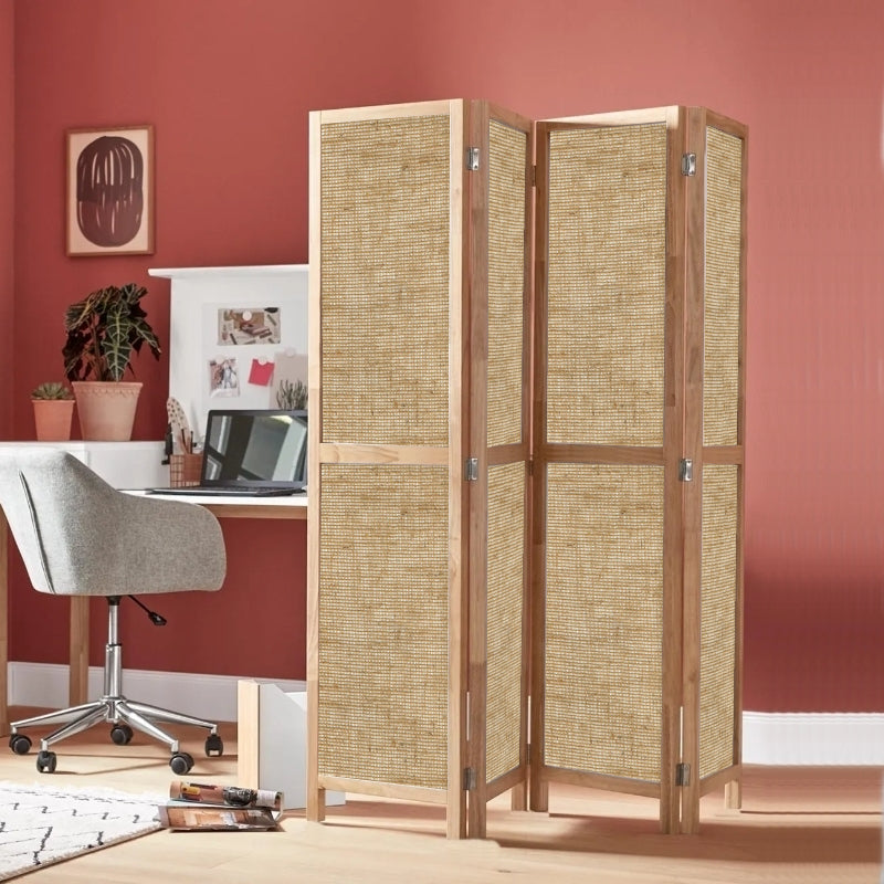 Partition Room Divider - Four-Panel See-through Hessian Folding Screen Room Divider with Solid Wooden Frames