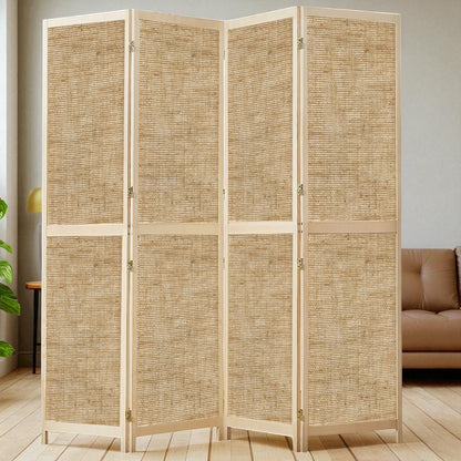 Partition Room Divider - Four-Panel See-through Hessian Folding Screen Room Divider with Solid Wooden Frames