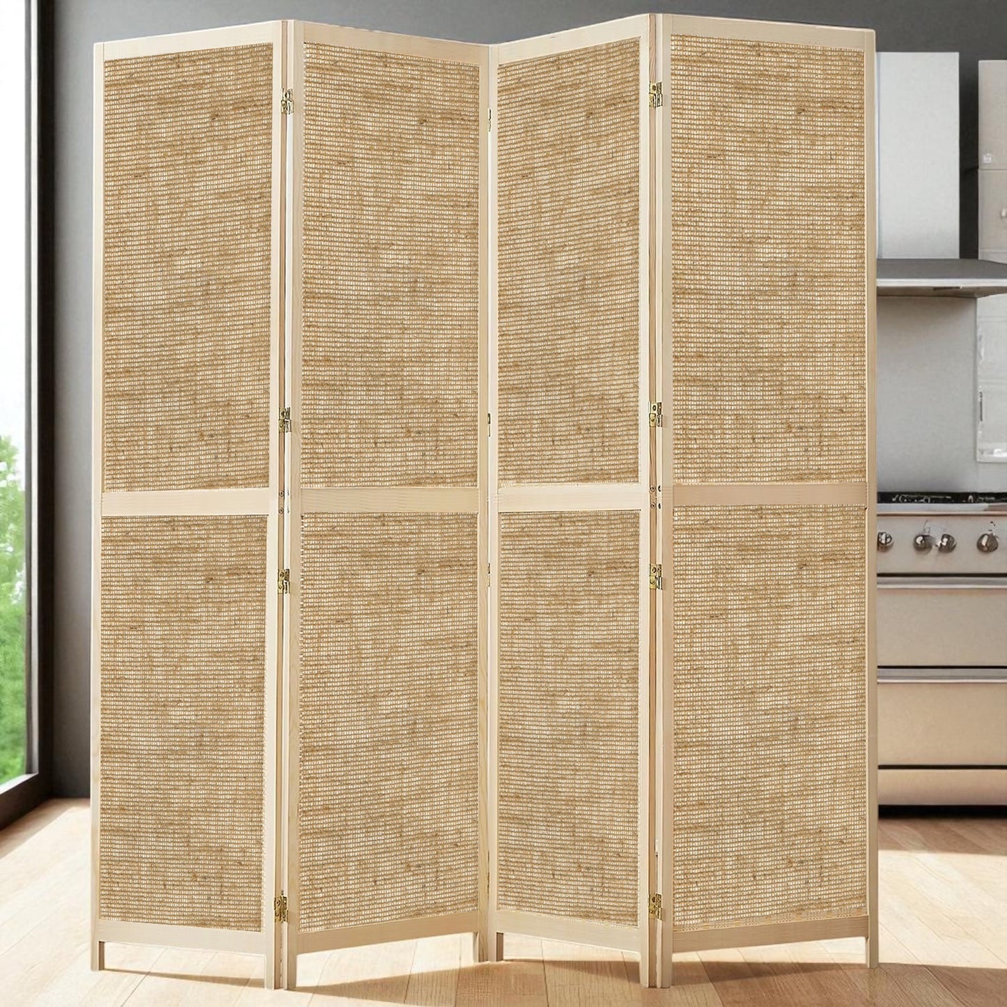 Partition Room Divider - Four-Panel See-through Hessian Folding Screen Room Divider with Solid Wooden Frames