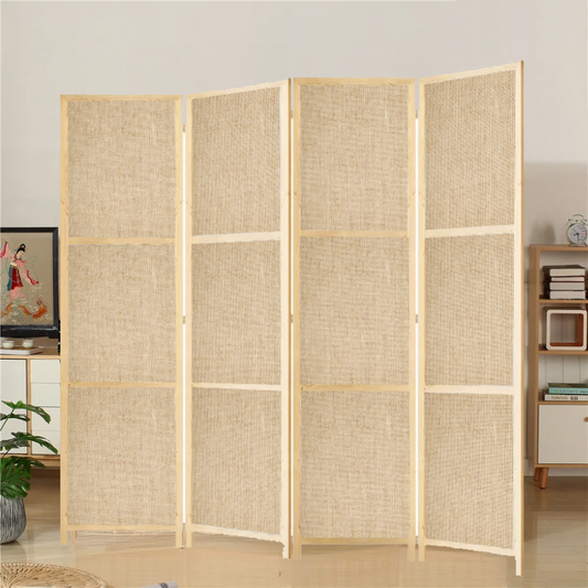 Partition Room Divider - 150cm 4-Panel Hessian Folding Privacy Screen Room Divider with Solid Smooth Wooden Frame