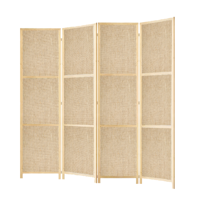 Partition Room Divider - 150cm 4-Panel Hessian Folding Privacy Screen Room Divider with Solid Smooth Wooden Frame