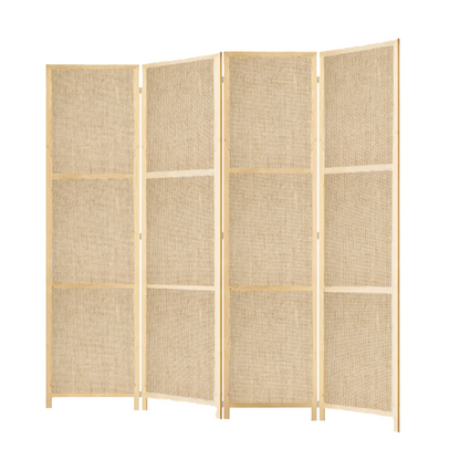 Partition Room Divider - 150cm 4-Panel Hessian Folding Privacy Screen Room Divider with Solid Smooth Wooden Frame