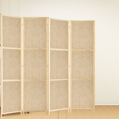 Partition Room Divider - 150cm 4-Panel Hessian Folding Privacy Screen Room Divider with Solid Smooth Wooden Frame