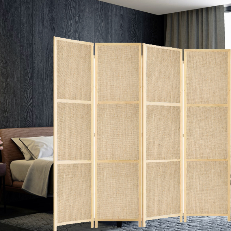 Partition Room Divider - 150cm 4-Panel Hessian Folding Privacy Screen Room Divider with Solid Smooth Wooden Frame