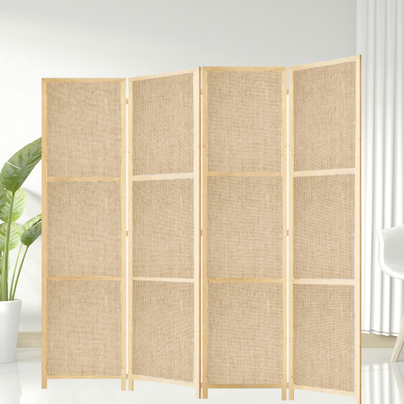 Partition Room Divider - 150cm 4-Panel Hessian Folding Privacy Screen Room Divider with Solid Smooth Wooden Frame