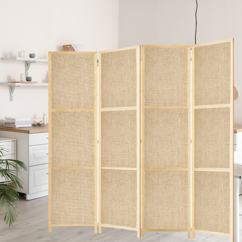 Partition Room Divider - 150cm 4-Panel Hessian Folding Privacy Screen Room Divider with Solid Smooth Wooden Frame