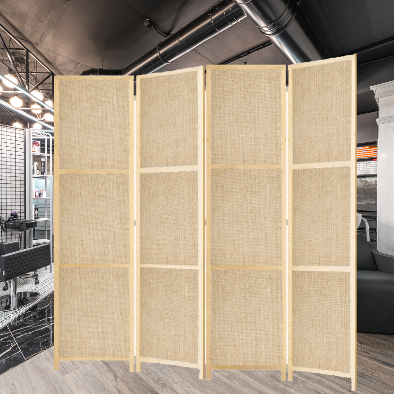 Partition Room Divider - 150cm 4-Panel Hessian Folding Privacy Screen Room Divider with Solid Smooth Wooden Frame