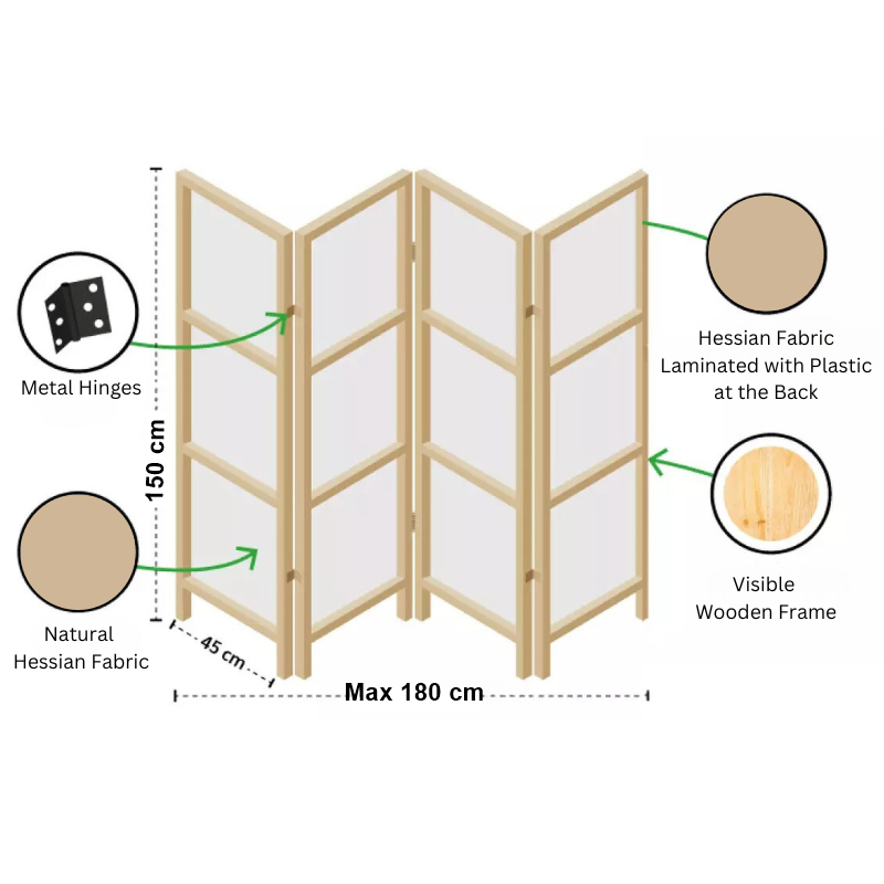 Partition Room Divider - 150cm 4-Panel Hessian Folding Privacy Screen Room Divider with Solid Smooth Wooden Frame