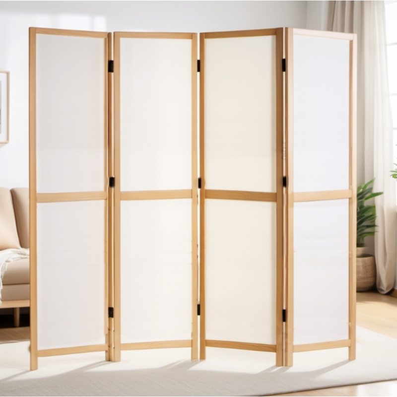 Partition Room Divider - Four-Panel Folding Privacy Screen Room Divider with Solid Wooden Frames