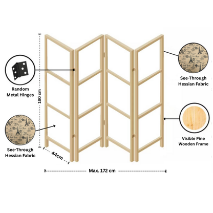 Wooden screen with dimensions and fabric details on a white background