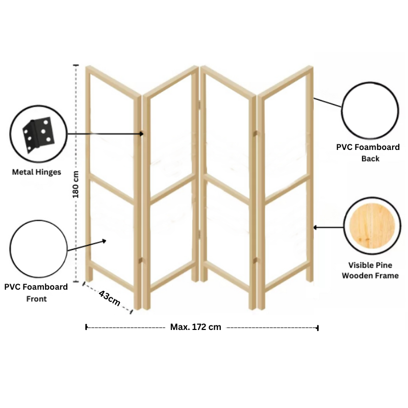 Partition Room Divider - Four-Panel Folding Privacy Screen Room Divider with Solid Wooden Frames