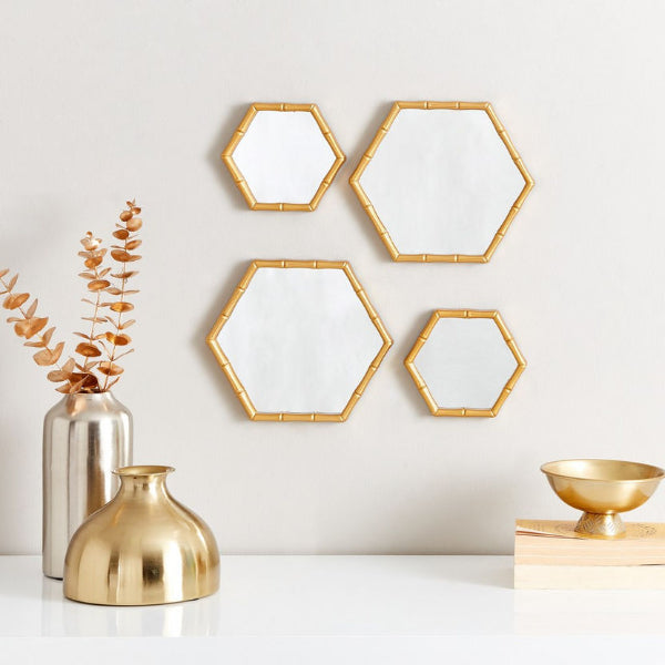 Wall Mirror Set - 4-Piece Hexagon Decorative Wall Hanging Mirror Set