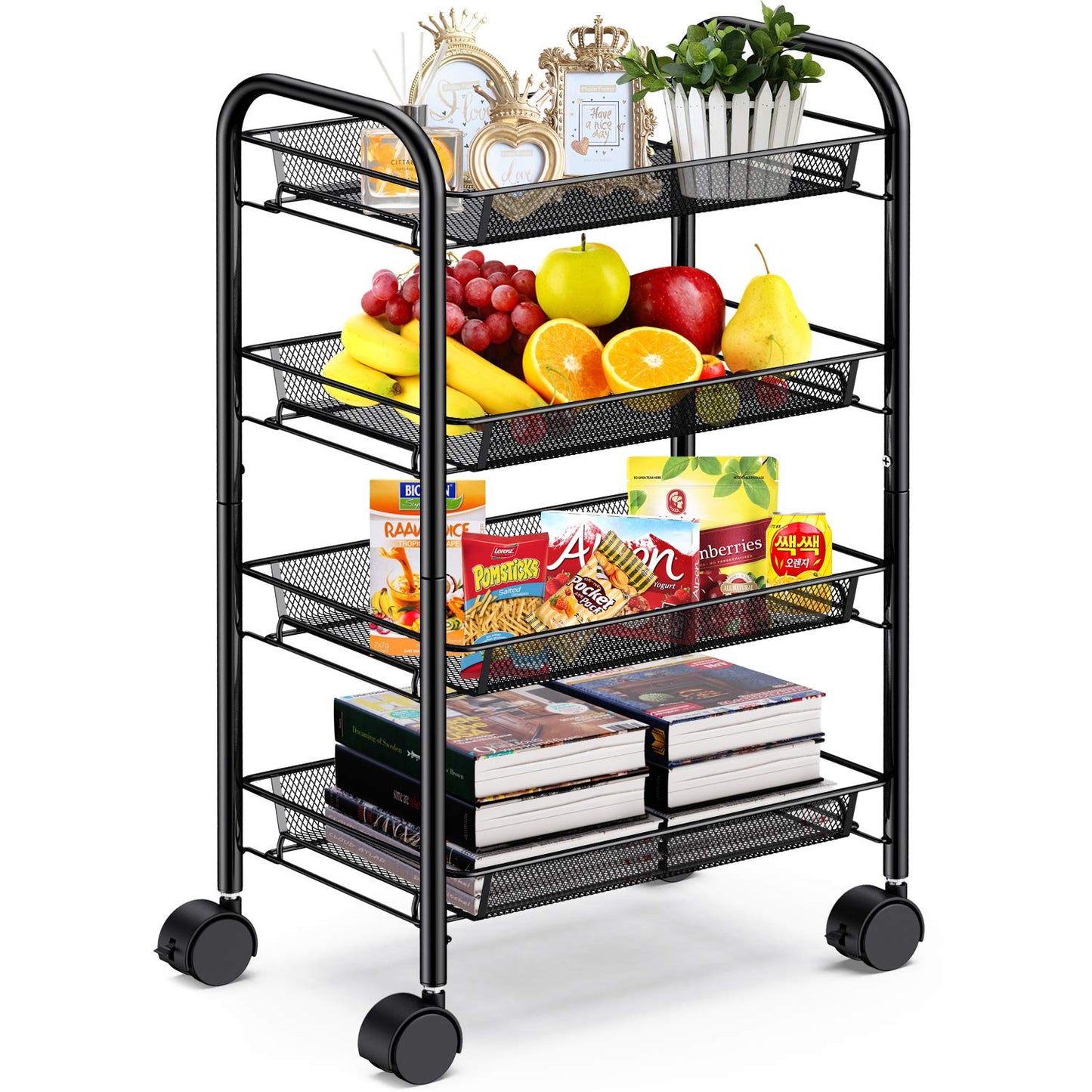 Metal Mesh Utility Cart - 4-Tier Metal Storage Rolling Mesh Utility Trolley Cart with Wheels