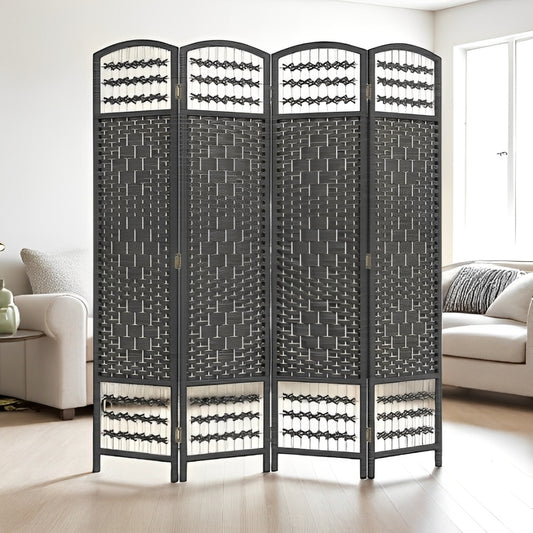 Partition Room Divider - 4 Panel Natural Fiber Folding Diamond Double-Weaved Room Screen Divider