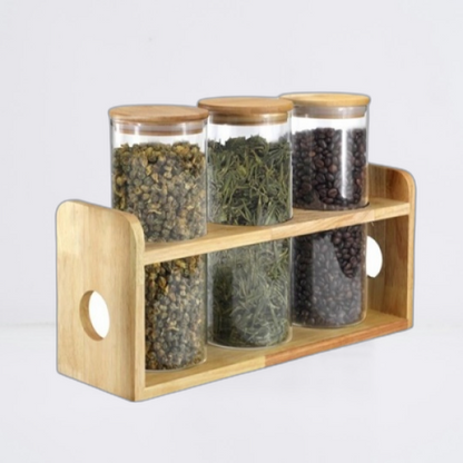 Borosilicate Glass Jars - 4 Piece Borosilicate Glass Spice Jars with Bamboo Lid, Silicone Sealing & Storage Rack Set