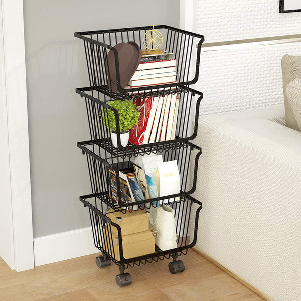 Metal Wire Storage Utility Cart - Storage Basket 4â€‘Tier Stackable Metal Wire Basket Utility Cart