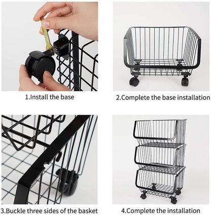 Metal Wire Storage Utility Cart - Storage Basket 4â€‘Tier Stackable Metal Wire Basket Utility Cart