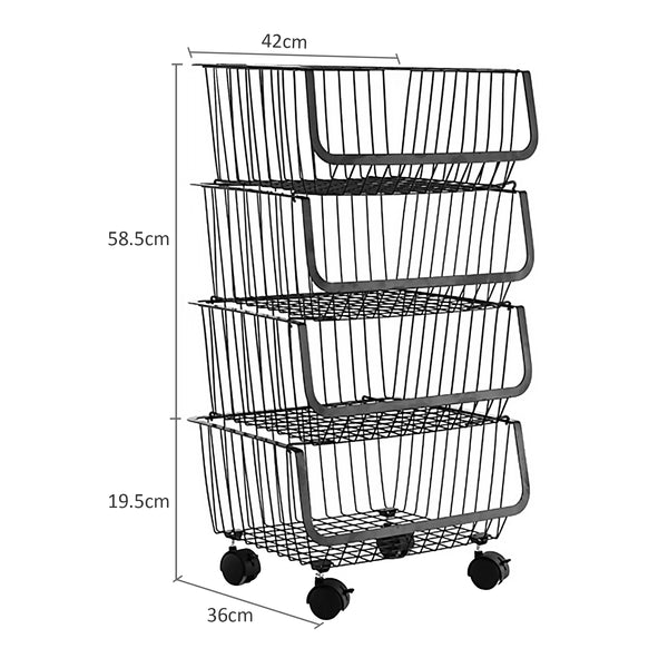 Metal Wire Storage Utility Cart - Storage Basket 4â€‘Tier Stackable Metal Wire Basket Utility Cart