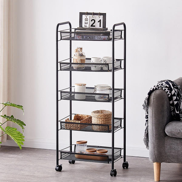 Metal Mesh Utility Cart - 5-Tier Metal Storage Rolling Mesh Utility Trolley Cart with Wheels