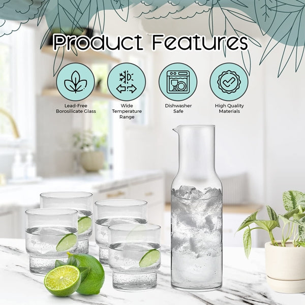 Borosilicate Carafe Set - 5 Piece Stylish Borosilicate Carafe and Glass Set