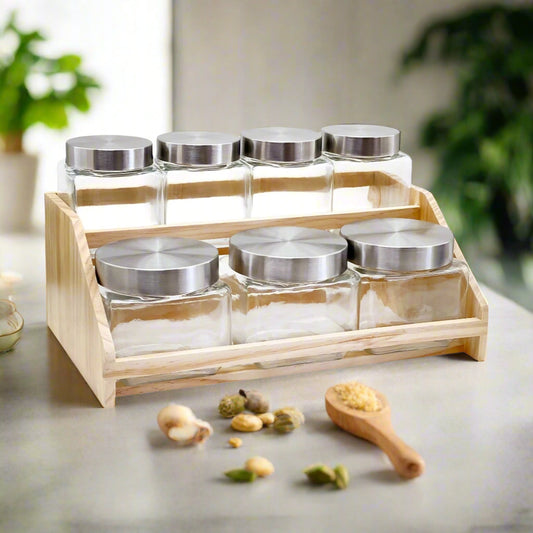 8-Piece Airtight Glass Canister Set with Natural Wooden Stand