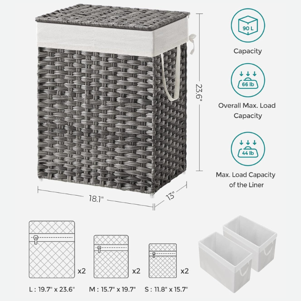 Collapsible Laundry Basket Set - 90L Laundry Basket with Lid 2 Removable Liner Bags and 6 Mesh Bags