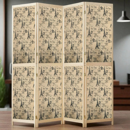 Partition Room Divider - 4 Panel See-through Printed Hessian Folding Screen Room Divider with Solid Wooden Frames