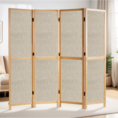 Partition Room Divider - 4 Panel Fabric Folding Screen Room Divider with Solid Wooden Frames