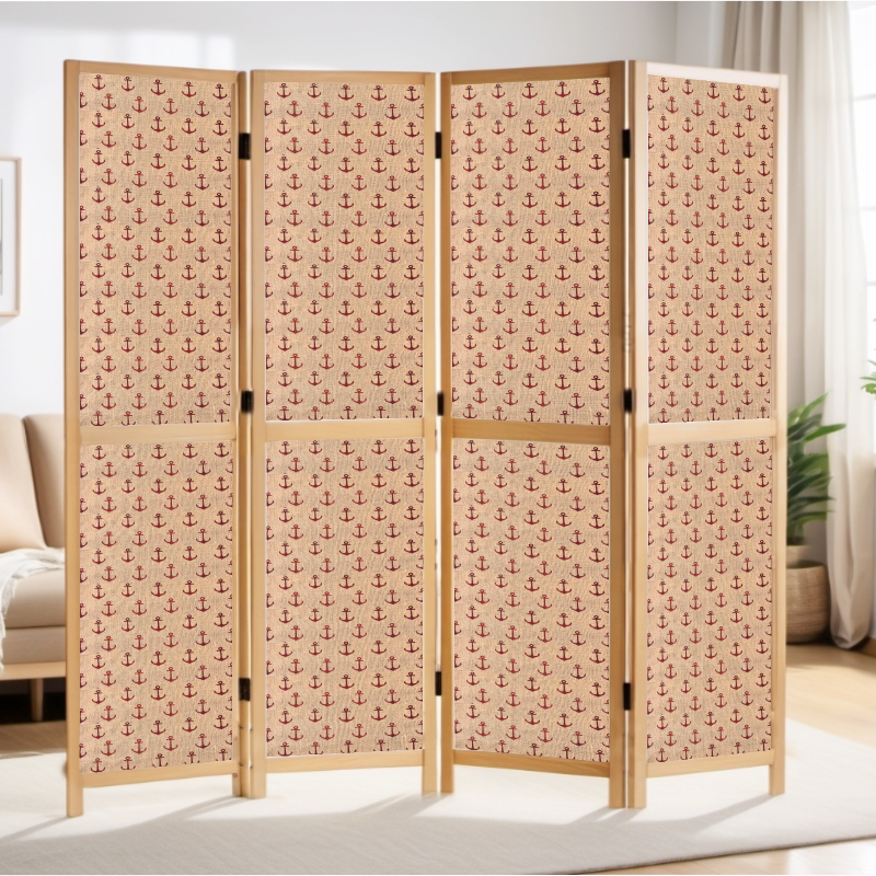 Partition Room Divider - 4 Panel See-through Printed Hessian Folding Screen Room Divider with Solid Wooden Frames