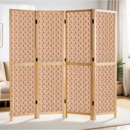 Partition Room Divider - 4 Panel See-through Printed Hessian Folding Screen Room Divider with Solid Wooden Frames