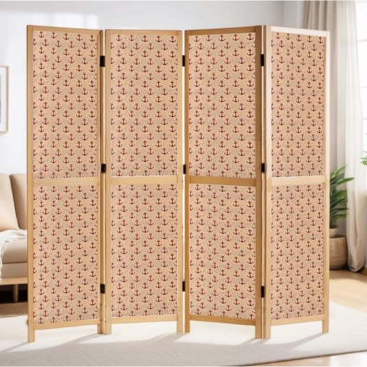 Partition Room Divider - 4 Panel See-through Printed Hessian Folding Screen Room Divider with Solid Wooden Frames