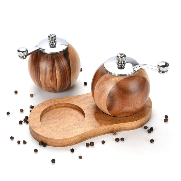 Acacia Wood Ball Pepper Grinder Set