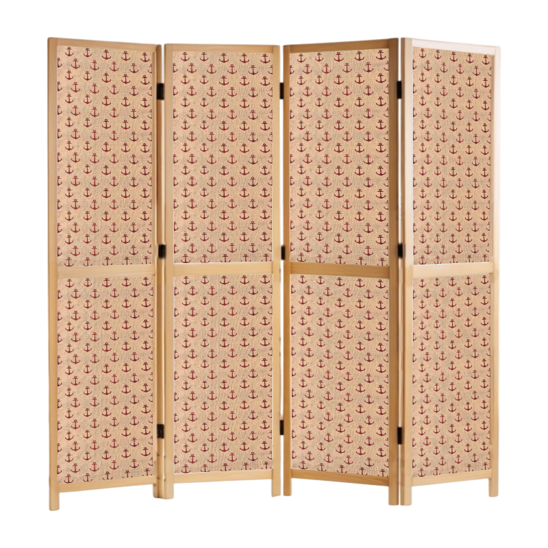 Partition Room Divider - 4 Panel See-through Printed Hessian Folding Screen Room Divider with Solid Wooden Frames