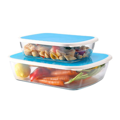 Food Storage Containers - 2 Piece Rectangle Tempered Glass Food Storage Containers with Plastic Rubber Lid - (1.1L and 2.9L)